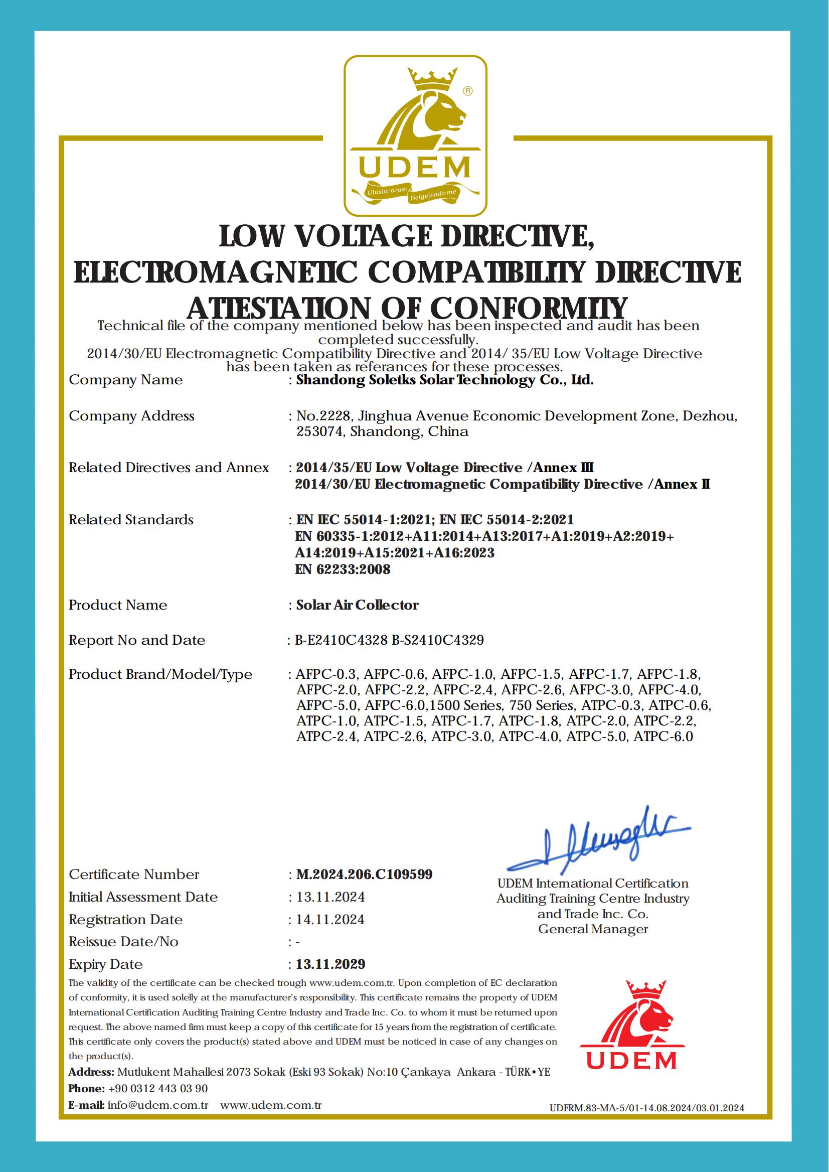 Air Solar Collector Certificate