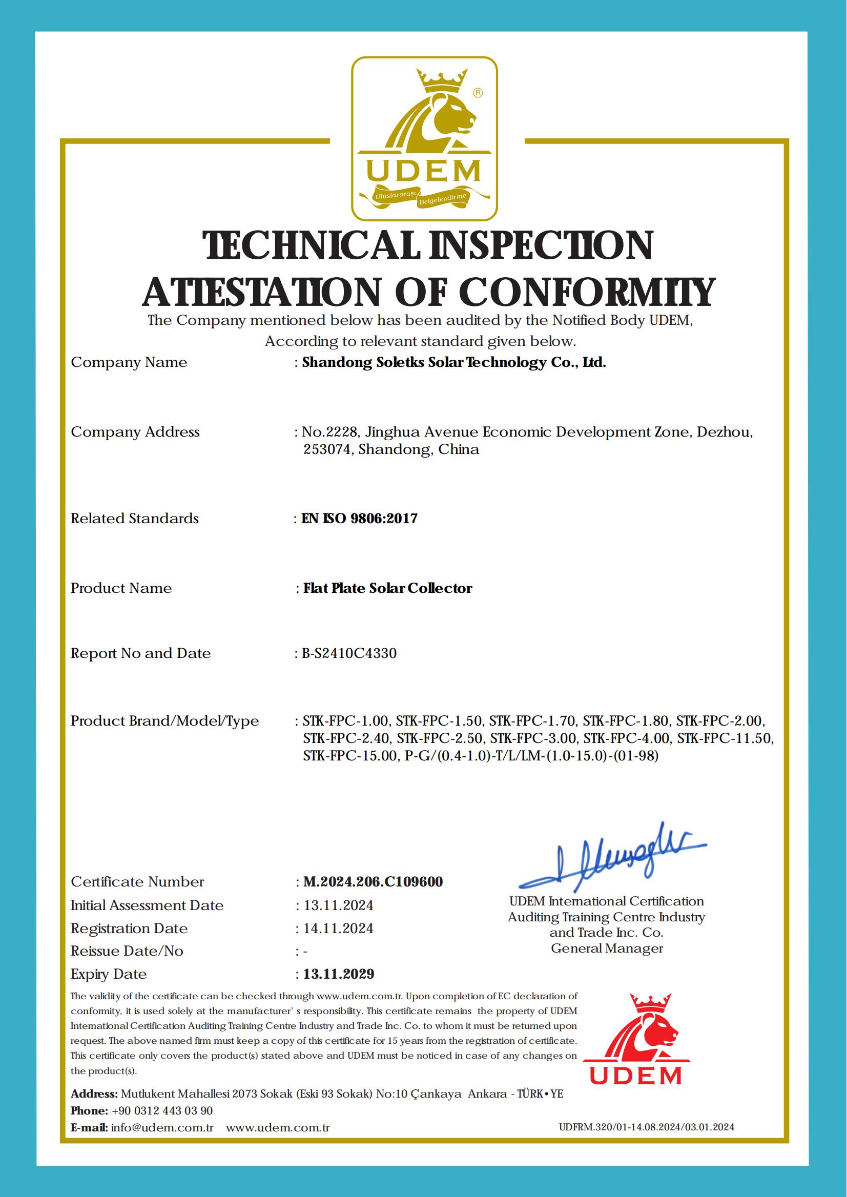 Flat Plate Solar Collector Certificate