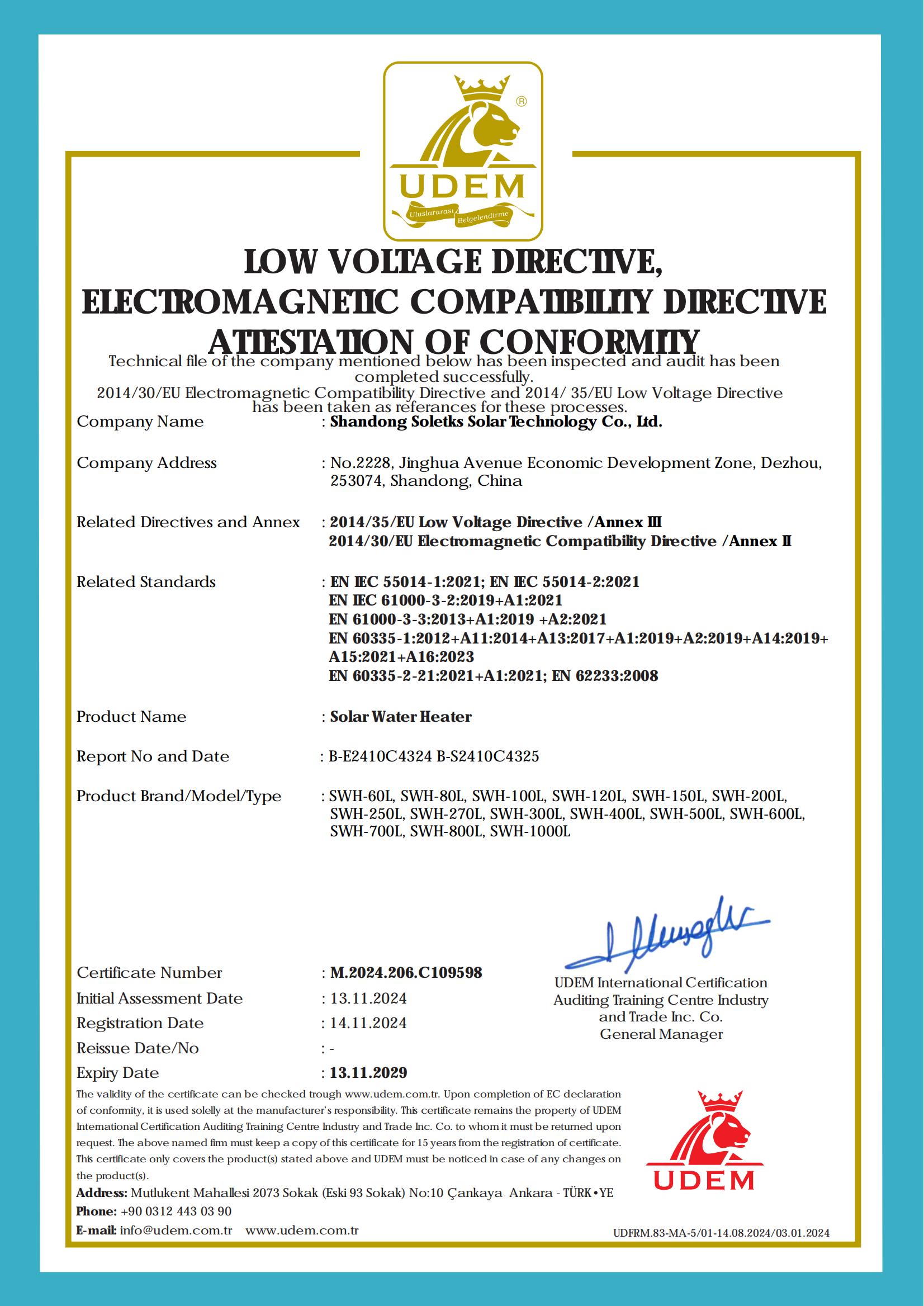 Solar Water Heater Certificate