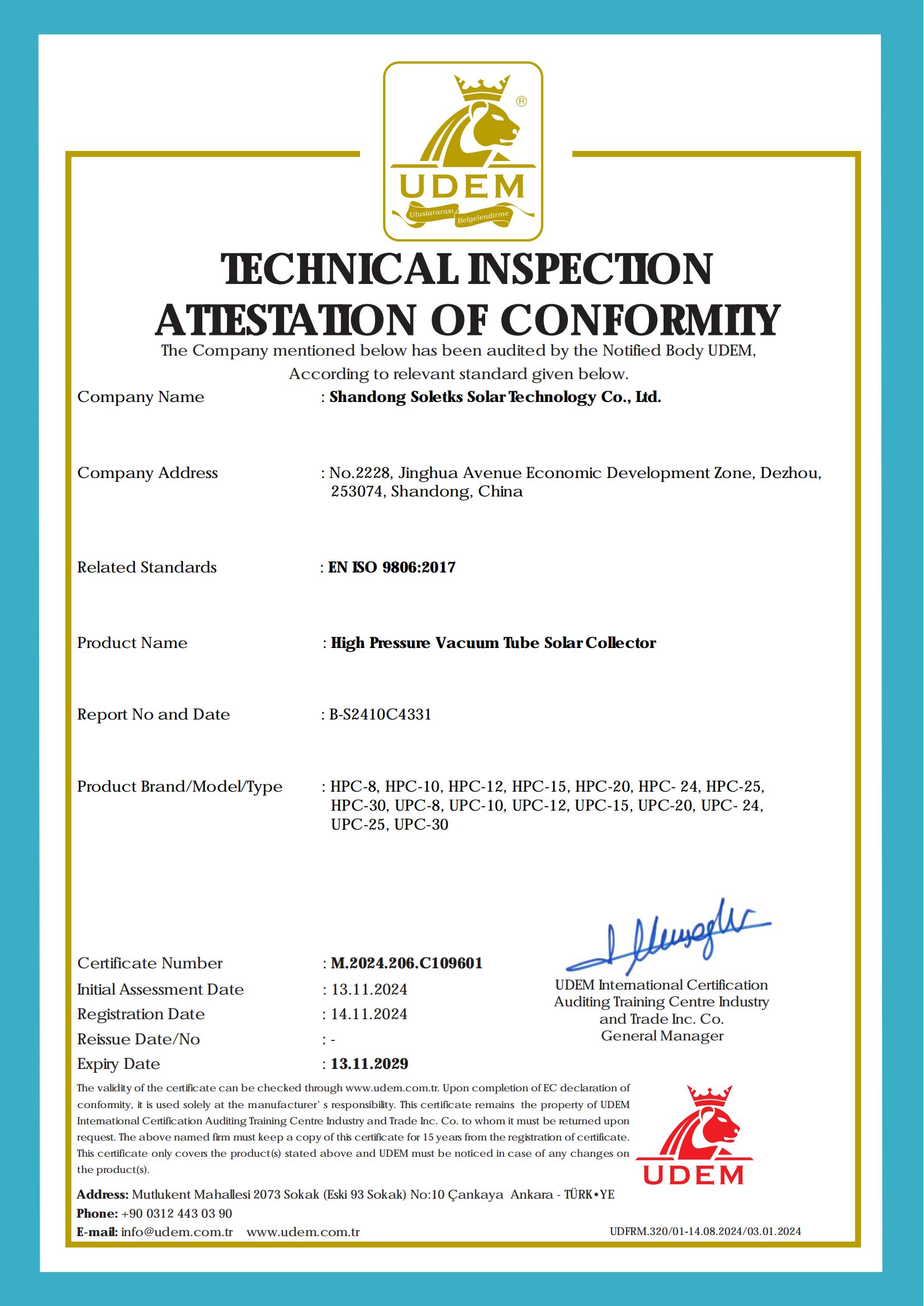 SOLETKS vacuum tube solar collector certificate image